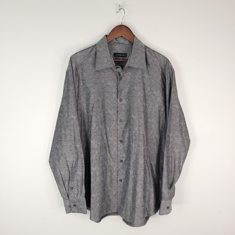 Jhane Barnes Shirt Mens XL Gray Silk Cotton Floral Paisley Long Sleeve Button Up